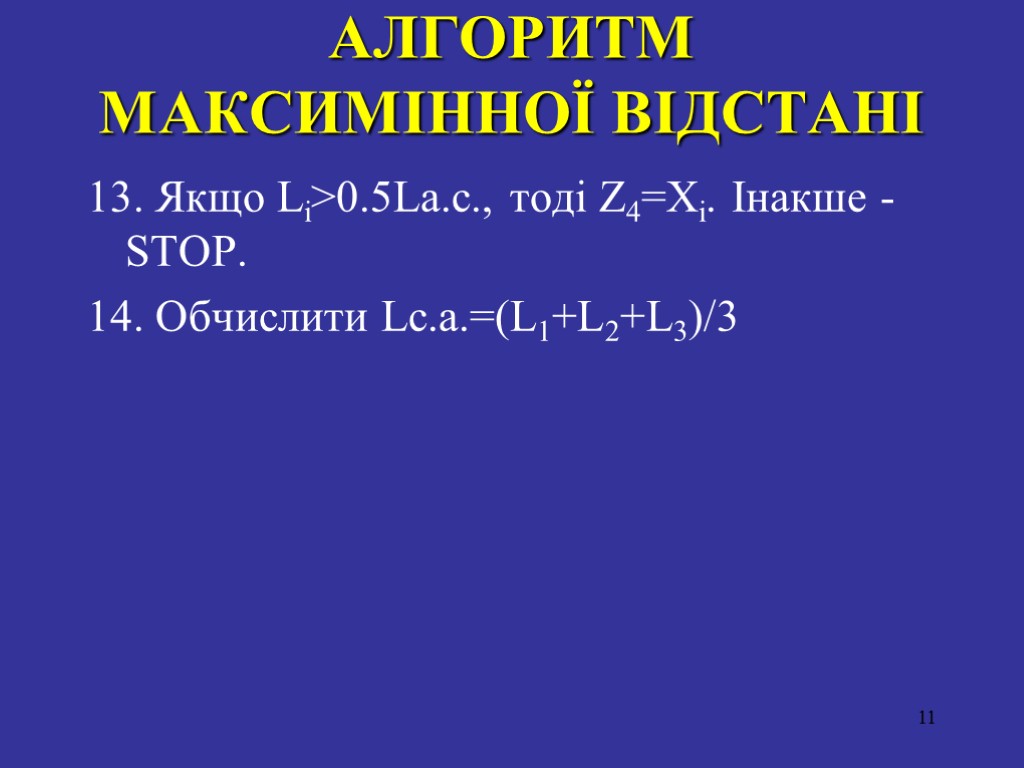 АЛГОРИТМ МАКСИМIННОЇ ВIДСТАНI 13. Якщо Li>0.5La.c., тодi Z4=Xi. Iнакше - STOP. 14. Обчислити Lc.a.=(L1+L2+L3)/3